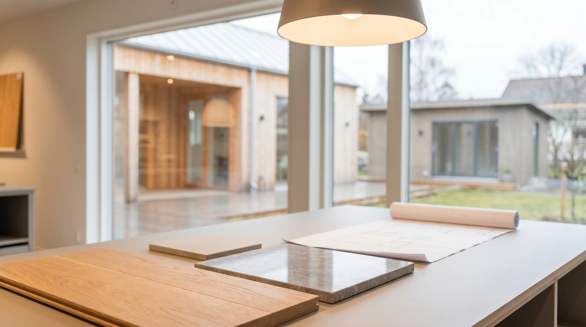 Materialprover på bord i modernt hem med fönster mot trädgård