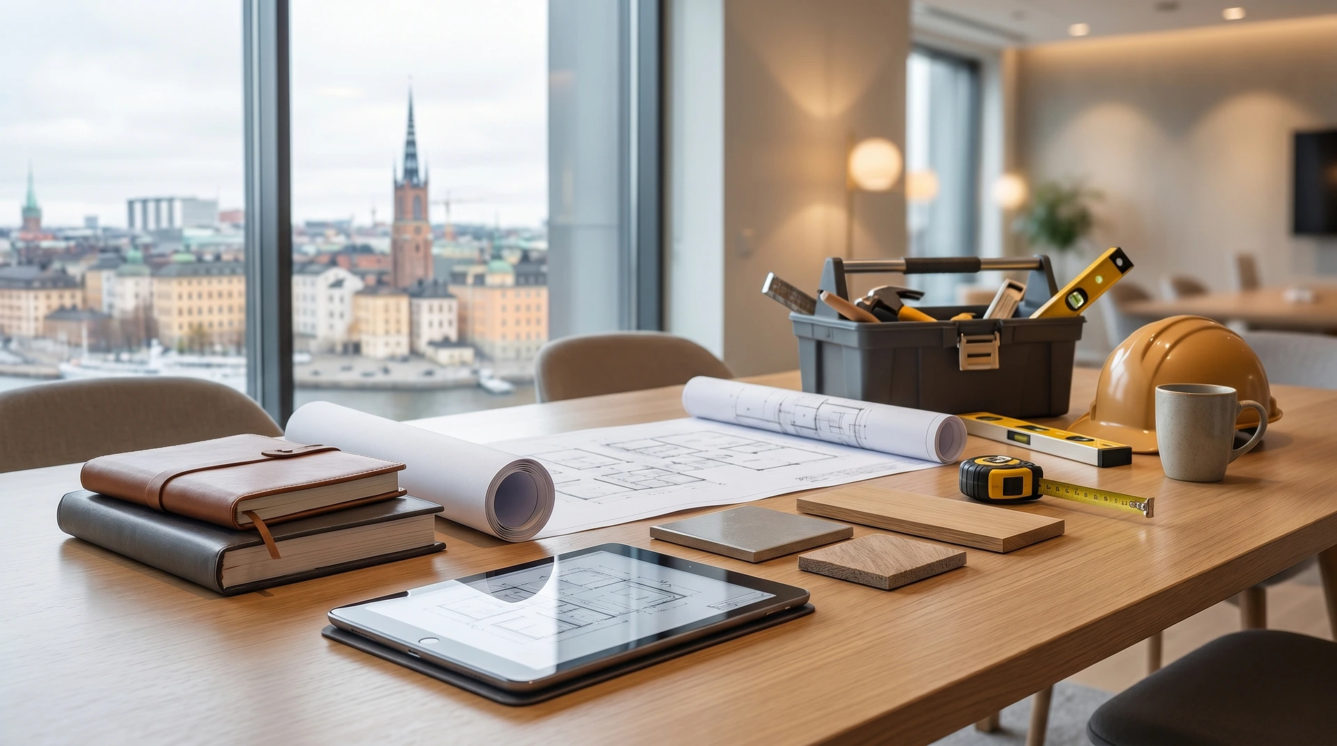 Arkitektbord med ritningar, verktyg, skyddshjälm och digital surfplatta vid fönster med stadsutsikt.